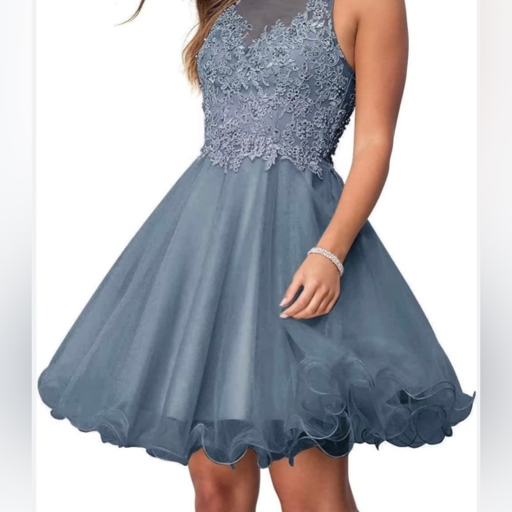 ✨⚡️💥Dave & Johnny Short Halter Sheer-Bodice Ice Blue Tulle Short Prom Dress